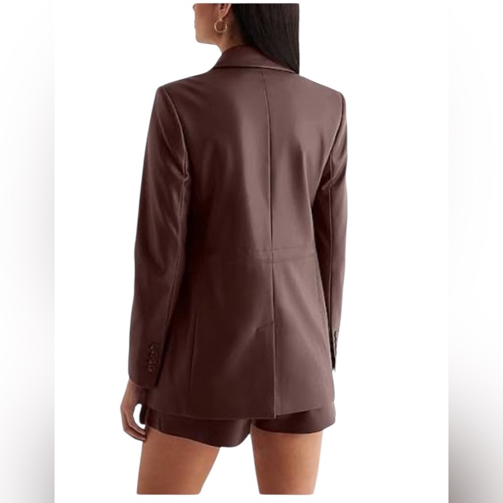 Express NWT chocolate brown faux leather cinched one button boyfriend blazer - Picture 2 of 16